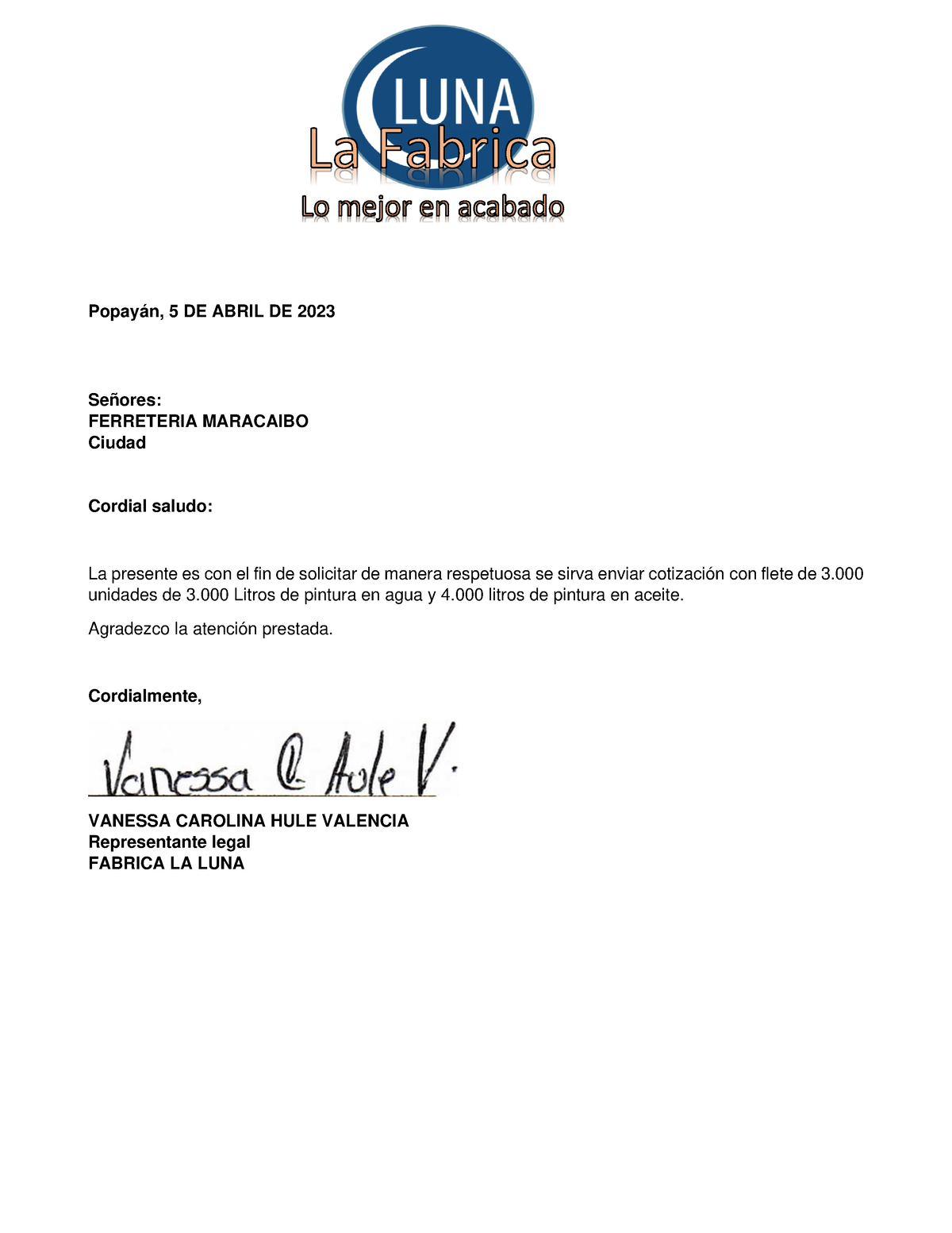 Carta Solicitando Cotizacion Con Flete Ferreteria Maracaibo Popayán 5 De Abril De 2023 6084