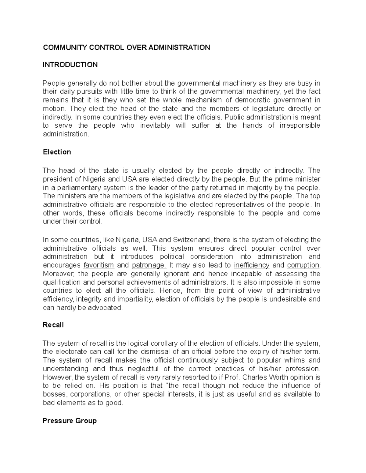 Community Control OVER Administration COMMUNITY CONTROL OVER