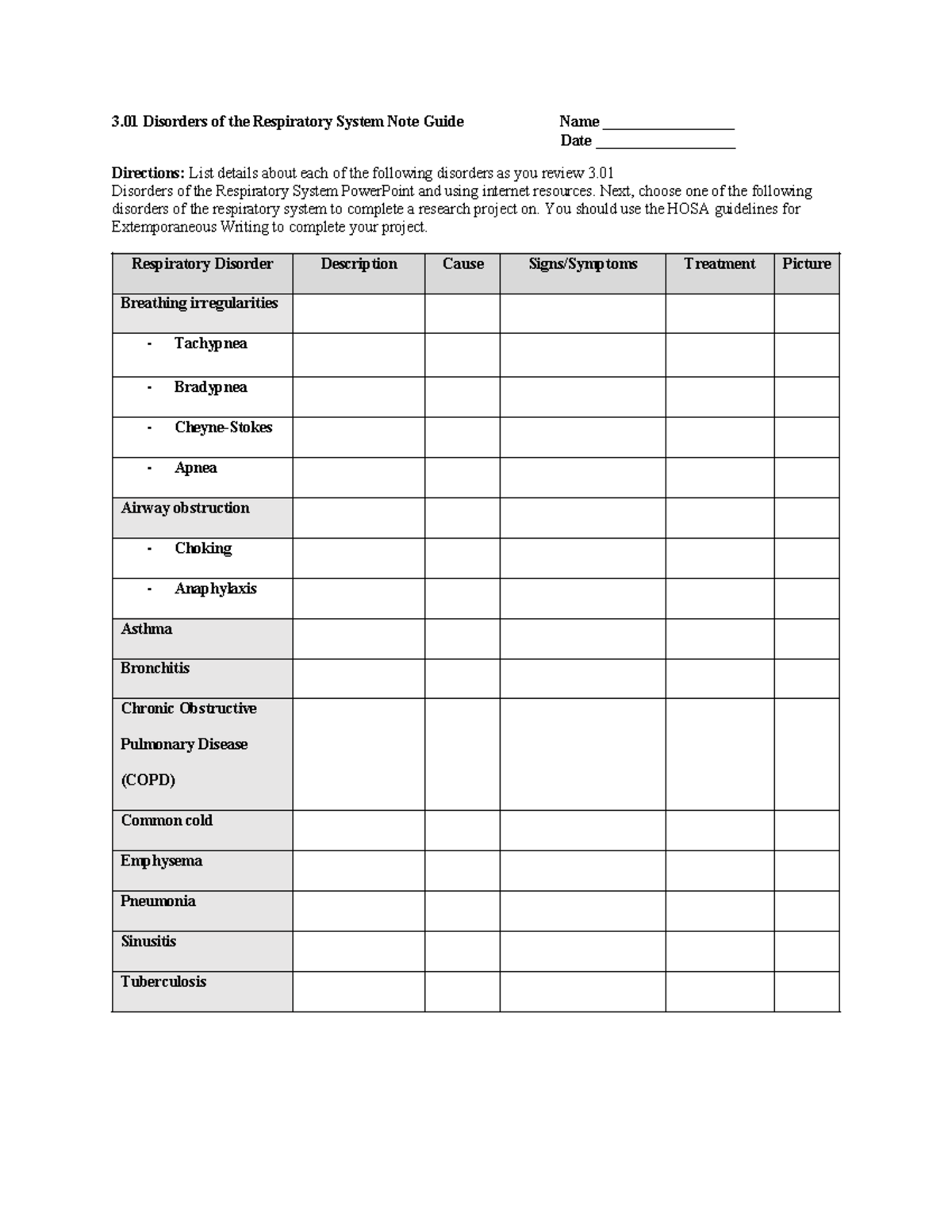 3.01 Disorders of the Respiratory System Note Guide - Disorders of the ...