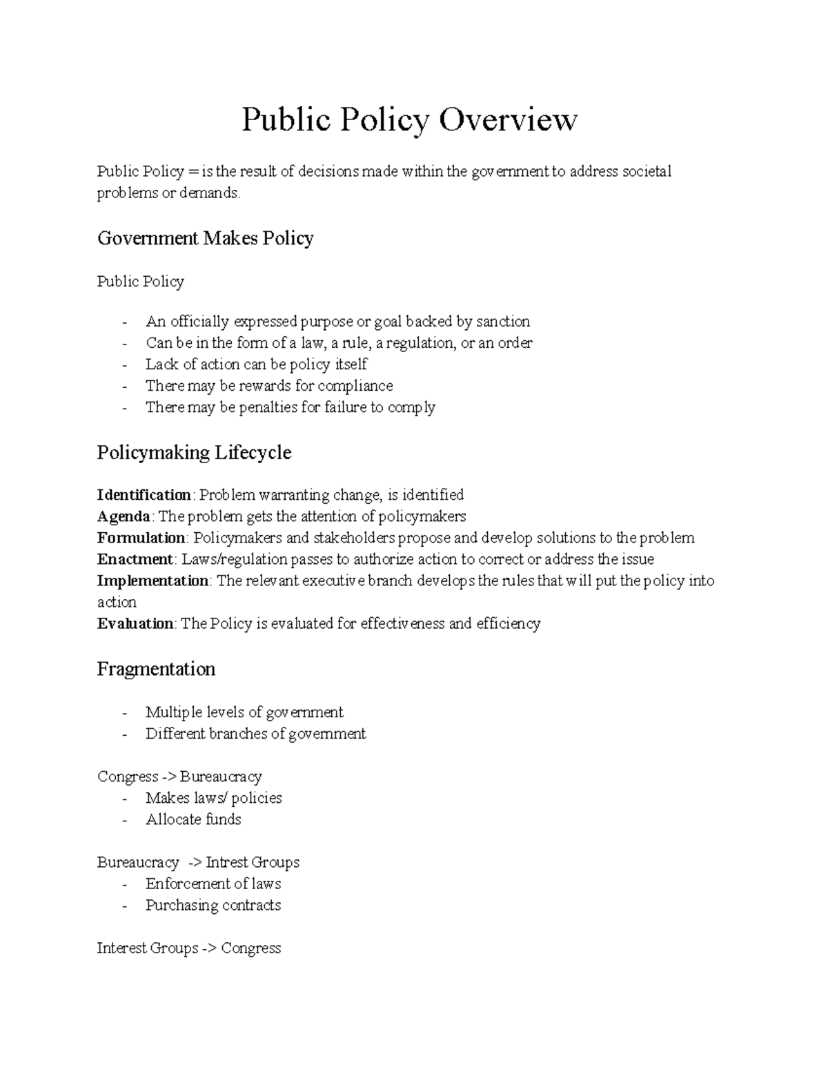 PSCI 2305 - Public Policy Notes - Public Policy Overview Public Policy ...