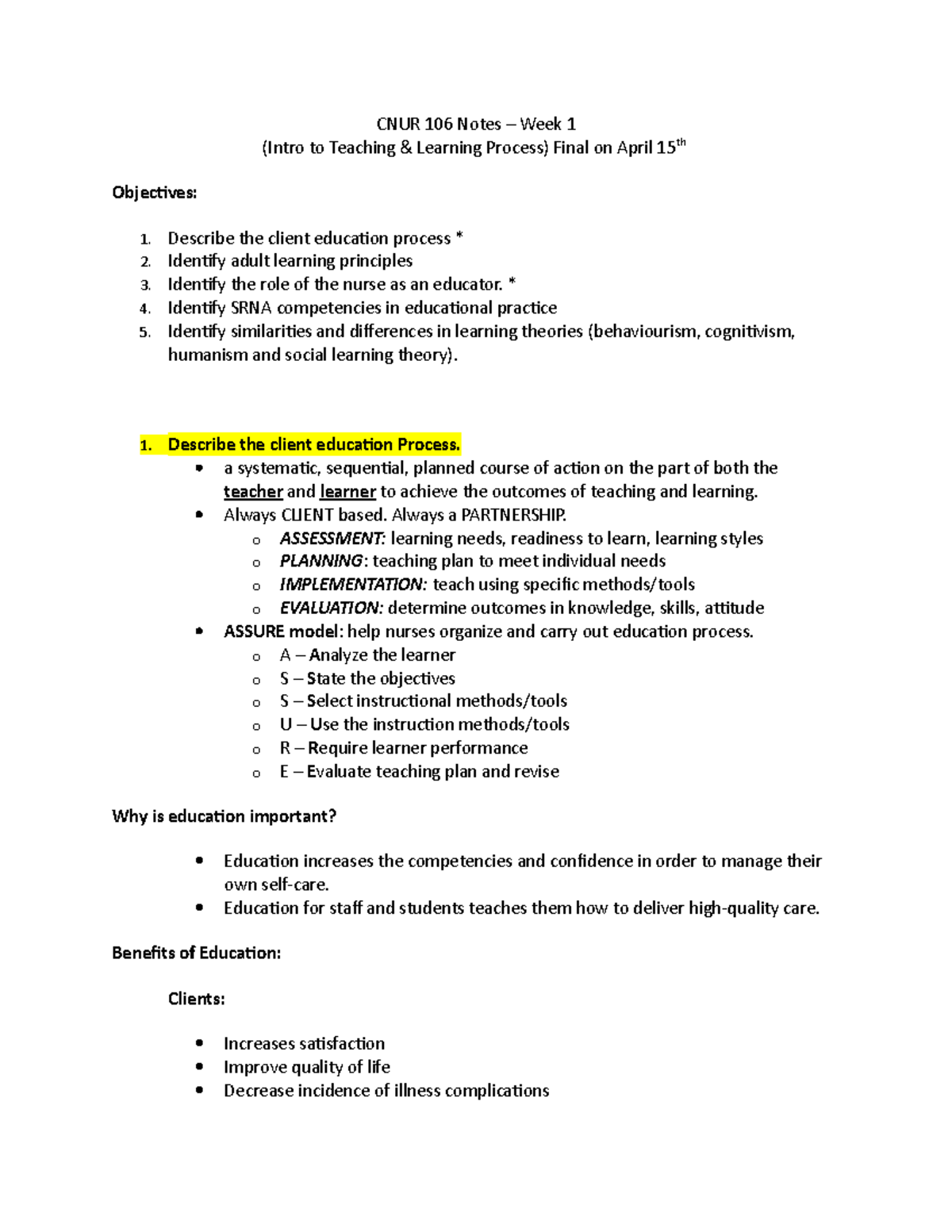 CNUR 106 Notes Week 1 - CNUR 106 Notes – Week 1 (Intro to Teaching ...