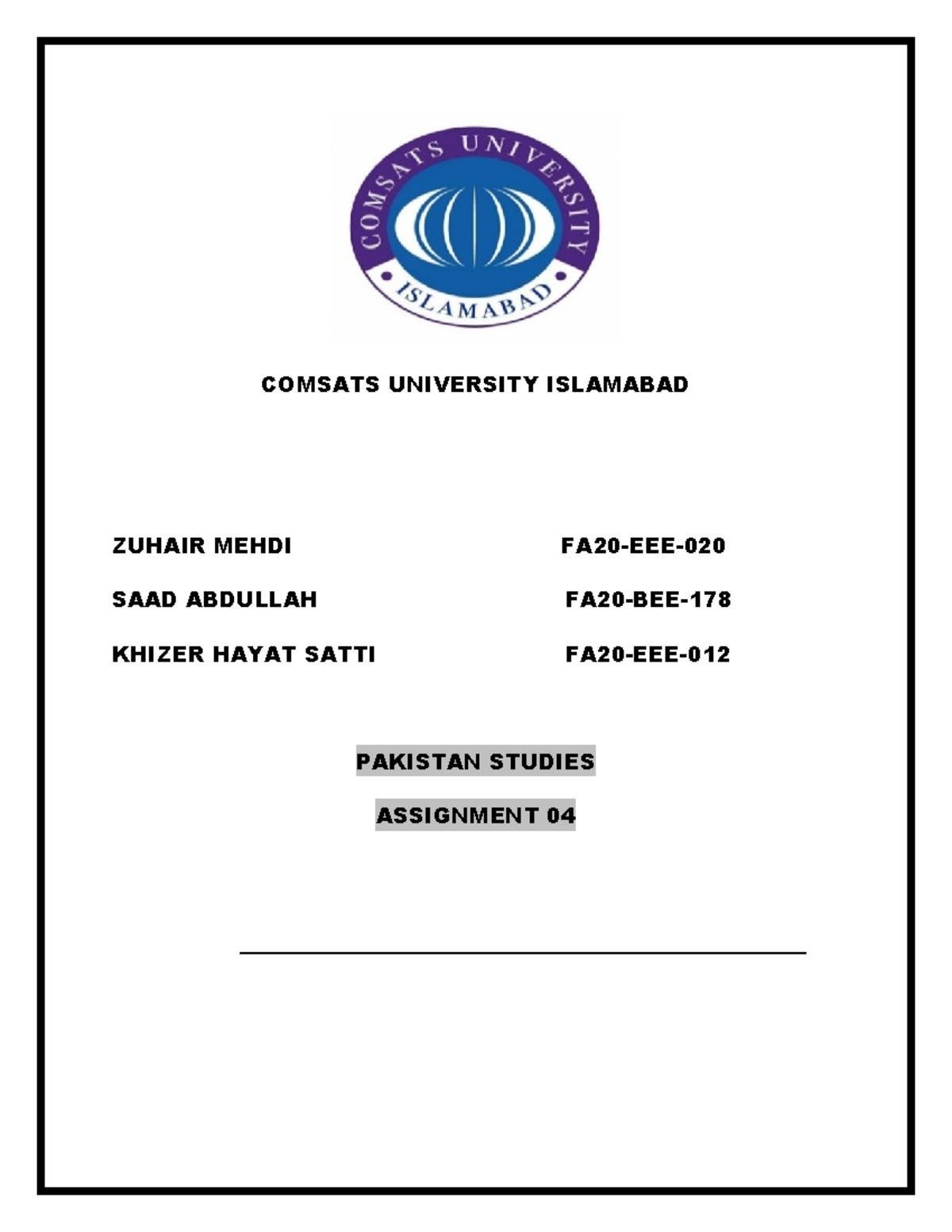 Assignment 04 - COMSATS UNIVERSITY ISLAMABAD ZUHAIR MEHDI FA20-EEE ...