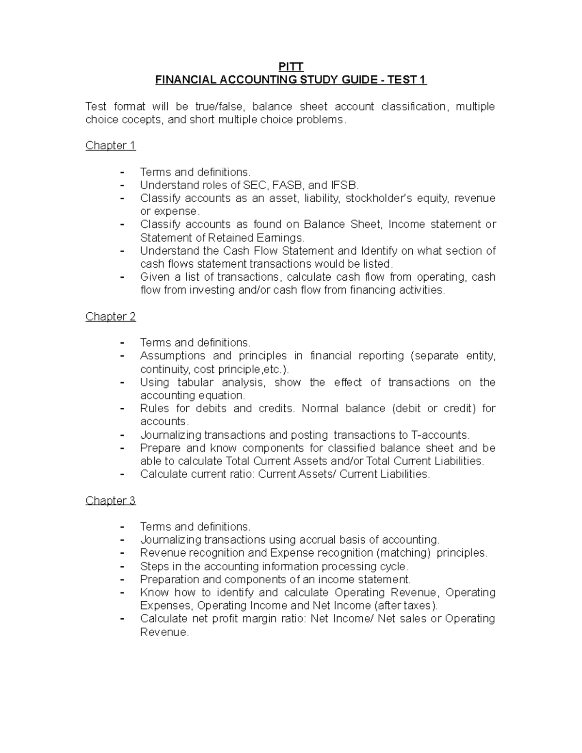 Pitt.Finl Acct.Study Guide.Test 1.Ch1 PITT FINANCIAL ACCOUNTING STUDY