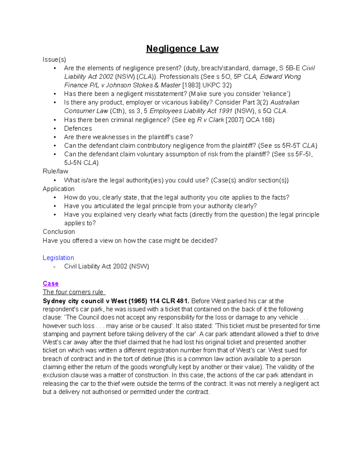Law Notes Negligence Law Issue(s) Are the elements of negligence