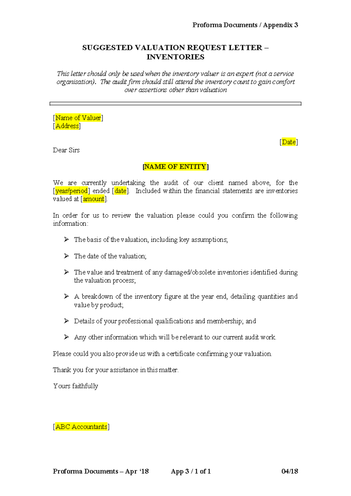 3 Valuation Request Letter - Inventory - Proforma Documents / Appendix ...