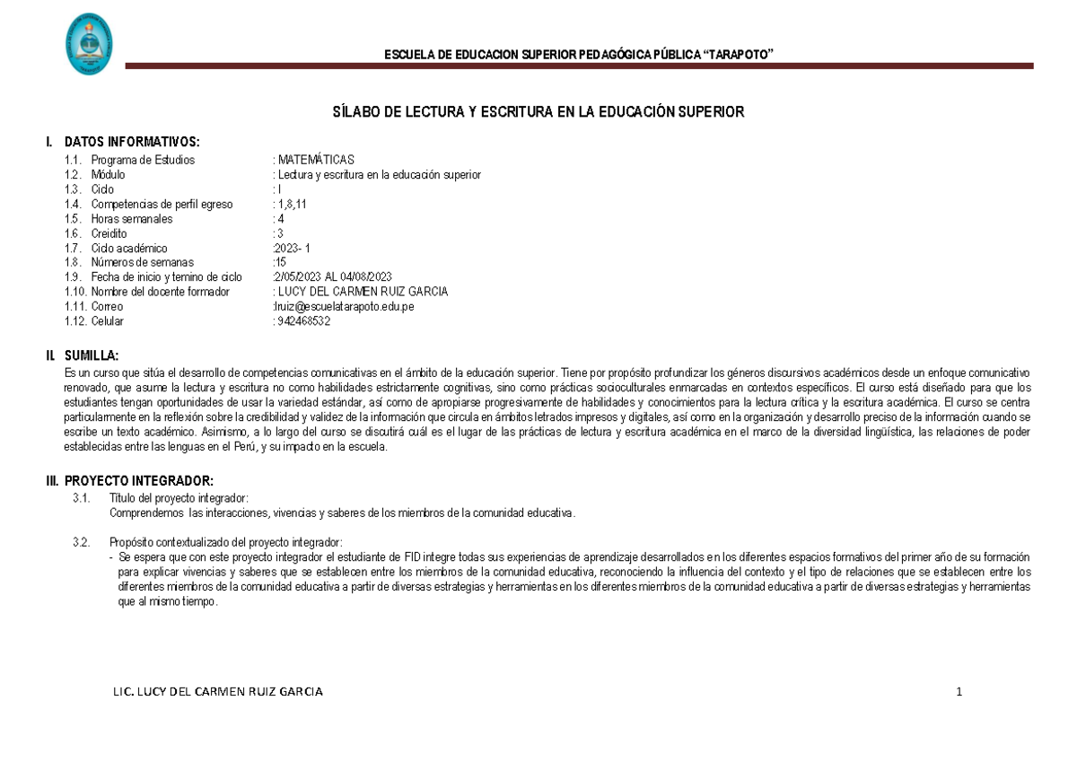 2. Sílabo DE Lectura Y Escritura EN LA Educación Superior Matematicas ...