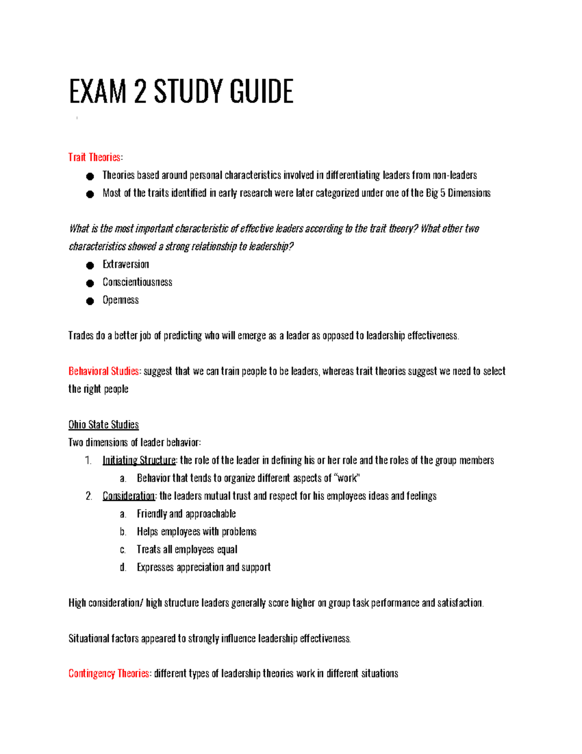 BUAD309 Exam 3 Notes - Part 1 - EXAM 2 STUDY GUIDE Trait Theories ...