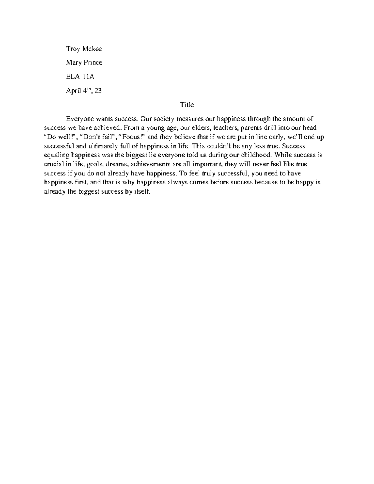 Essay 5.03 Intro - Troy Mckee Mary Prince ELA 11A April 4th, 23 Title ...