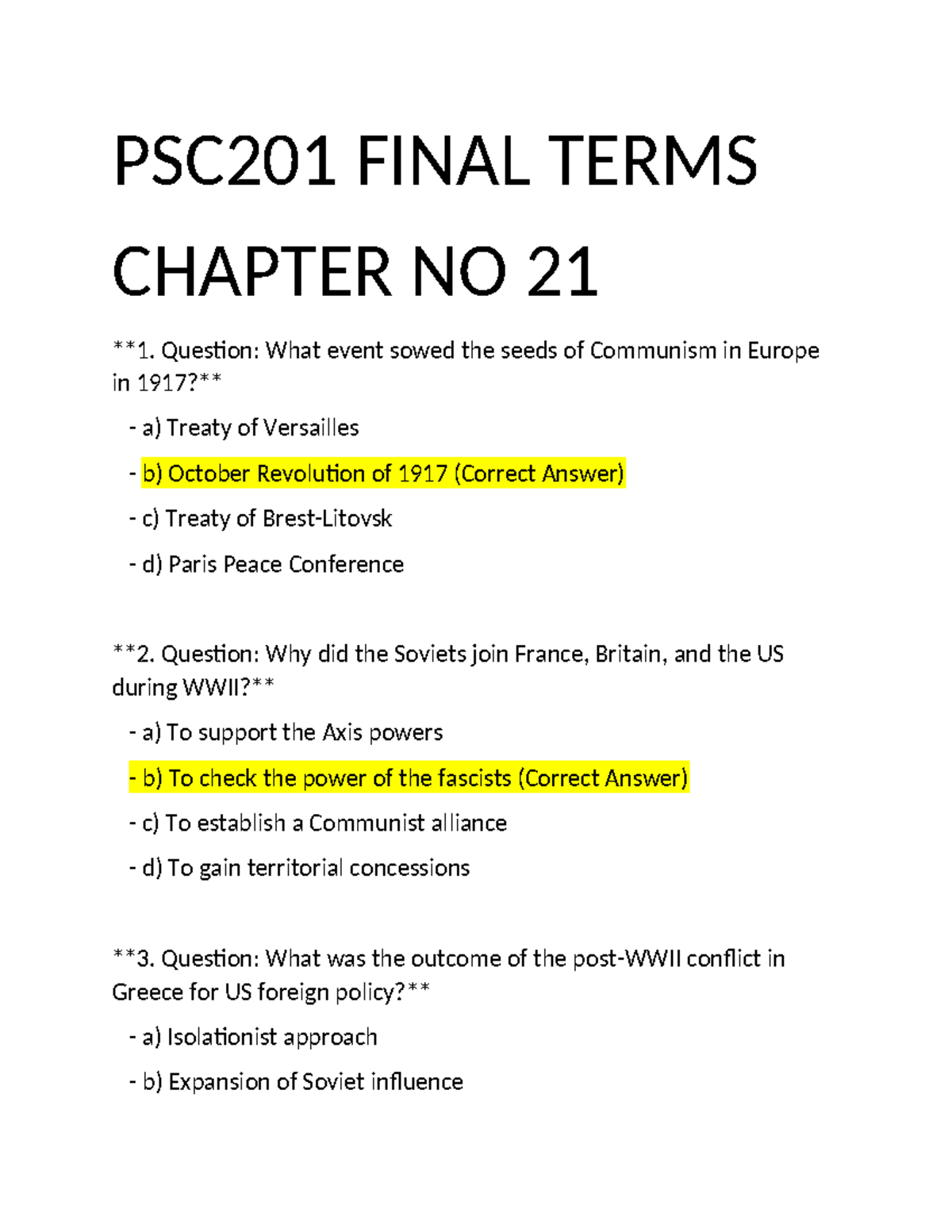 PSC201 Final Terms - PSC201 FINAL TERMS CHAPTER NO 21 **1. Question ...