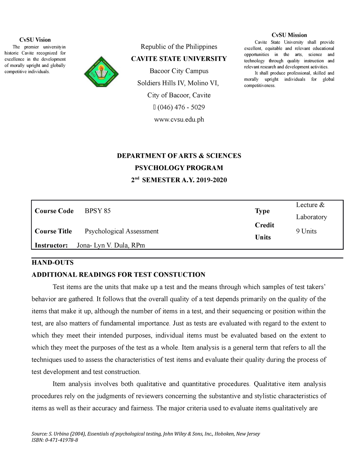 Chapter 3 Part 2 Steps In Test Construction Republic Of The Philippines Cavite State University Studocu