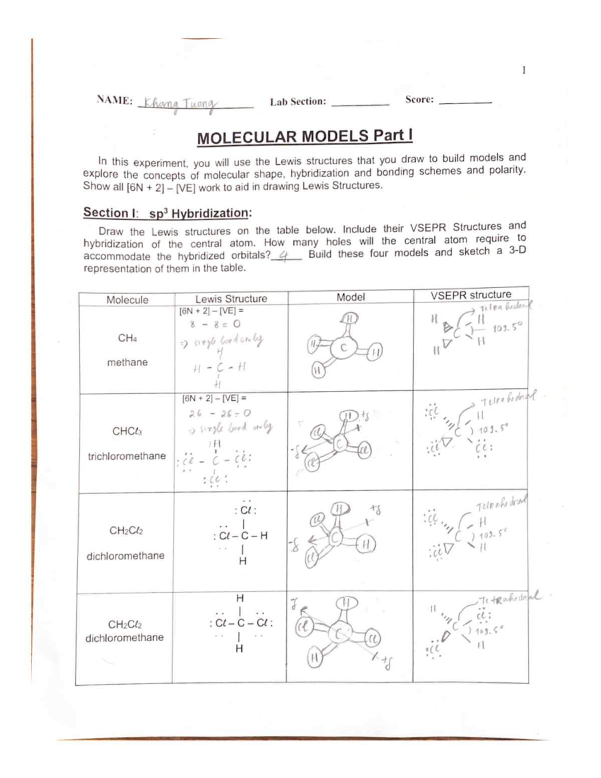 Molecule Model part 1 - Chem Lab - 1 NAME: Khang Tuong Lab Section ...