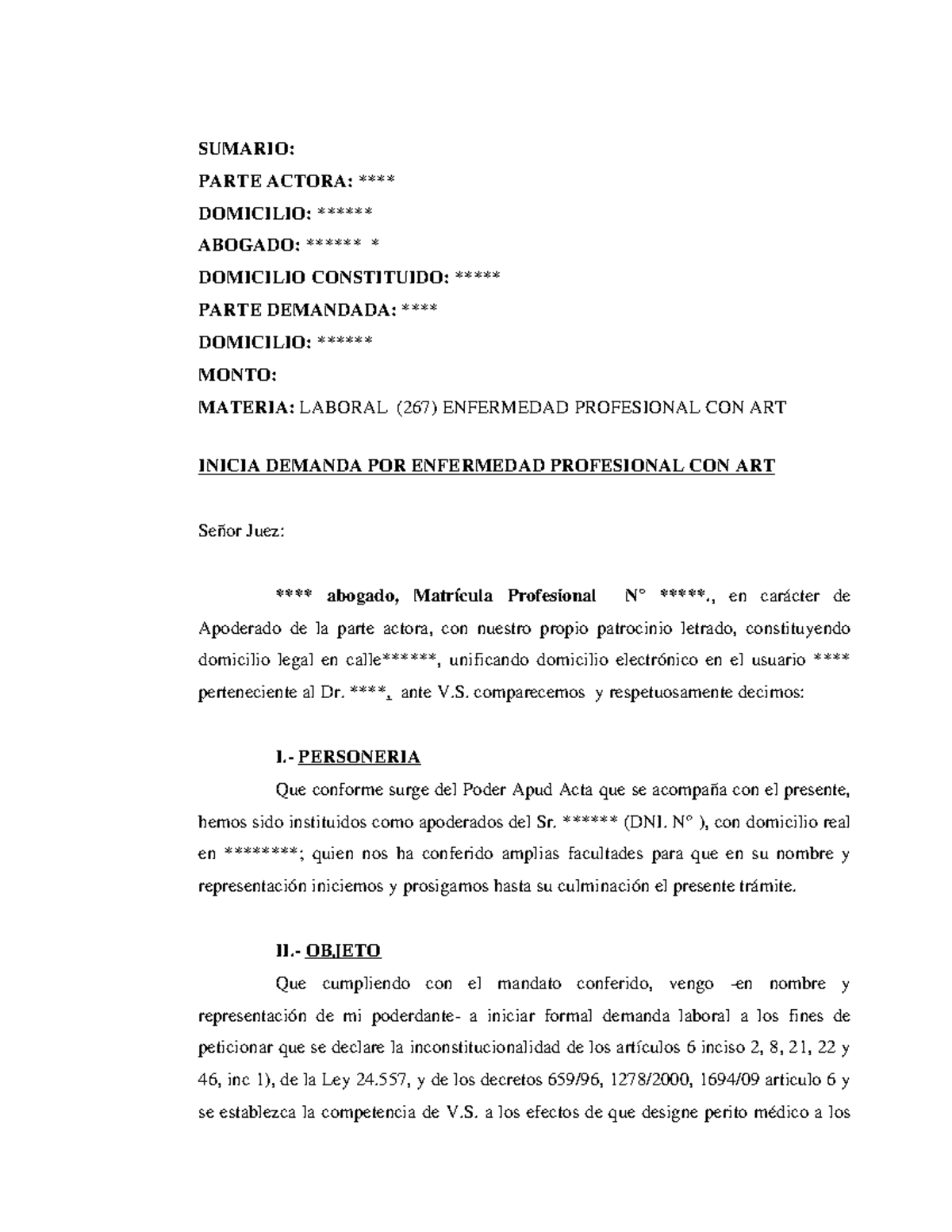 Modelo Inicia Demanda POR Enfermedad Profesional - SUMARIO: PARTE ...