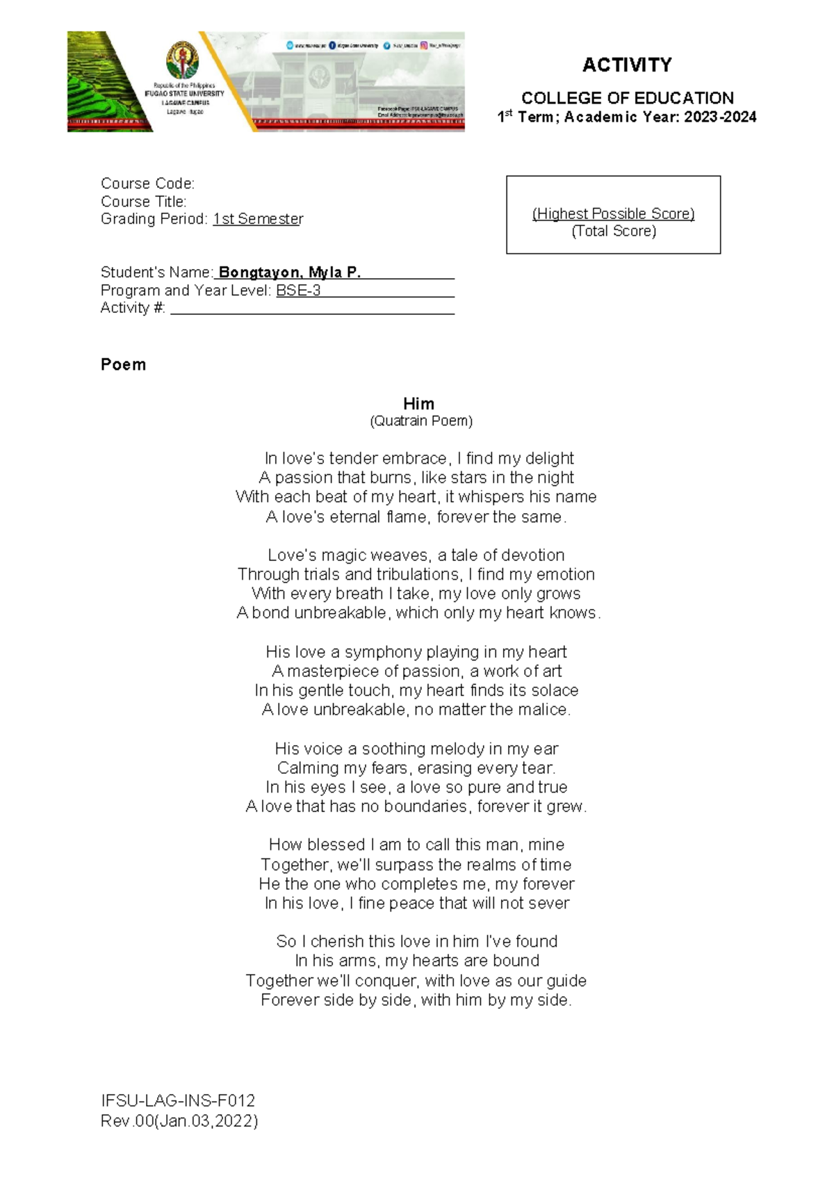 Poem (Him) - essay about him - ACTIVITY COLLEGE OF EDUCATION 1 st Term ...