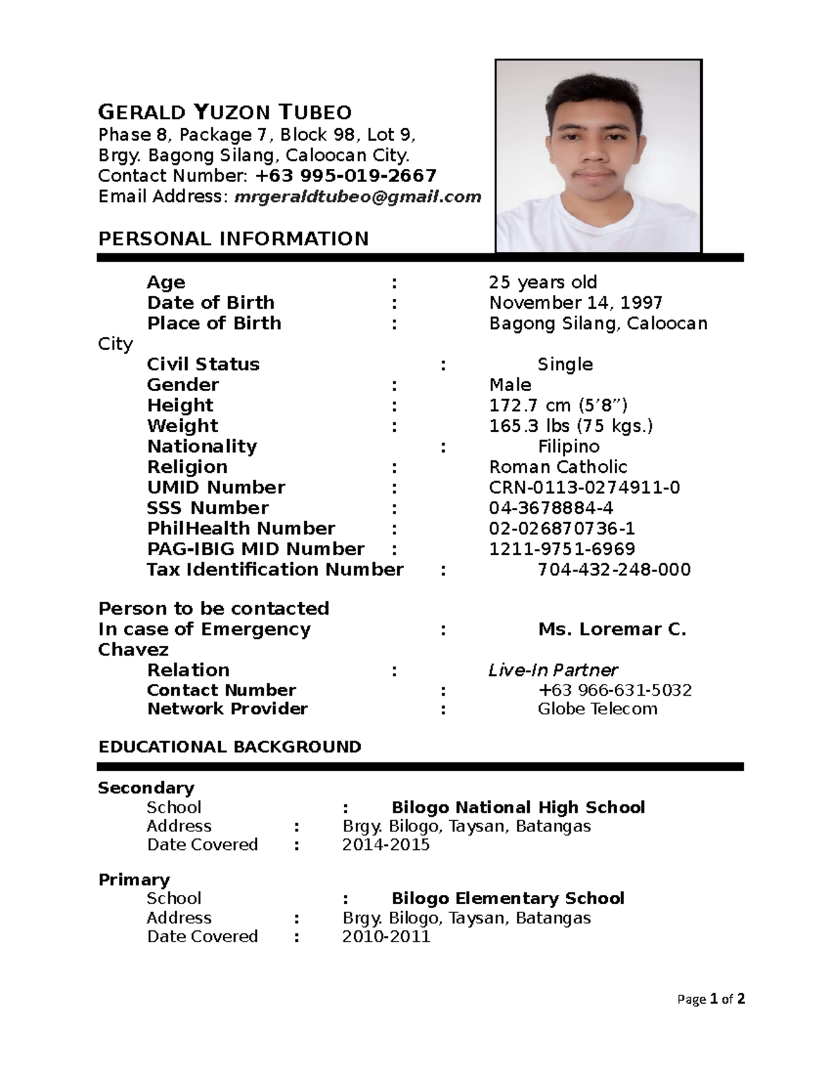 Resume 2022 - Gerald - Gerald Yuzon Tubeo Phase 8, Package 7, Block 98 