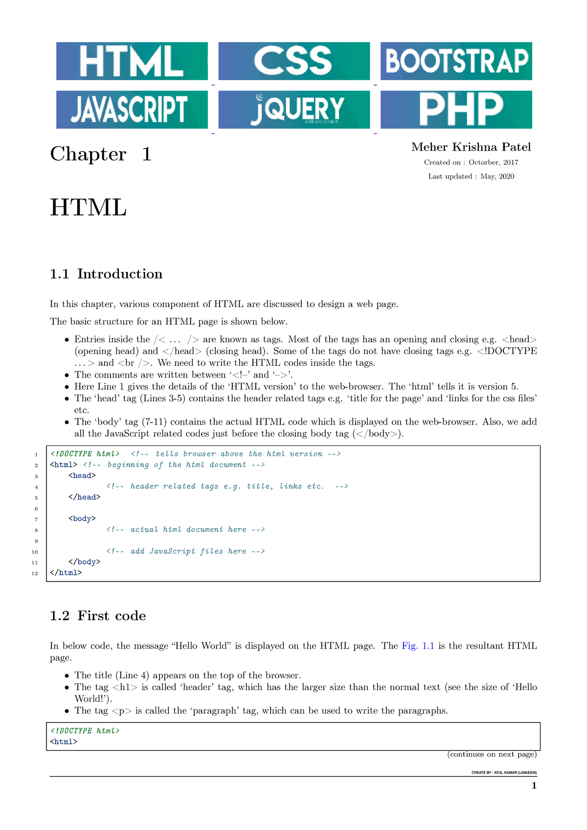 HTML, CSS, Bootstrap, Javascript, Jquery, PHP - Chapter 1 HTML 1 ...