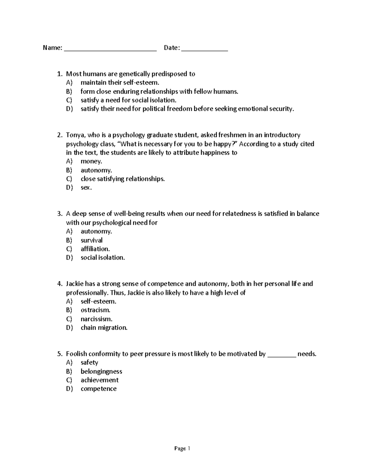 PSYCH 1010 Sample exam questions and answers - StuDocu