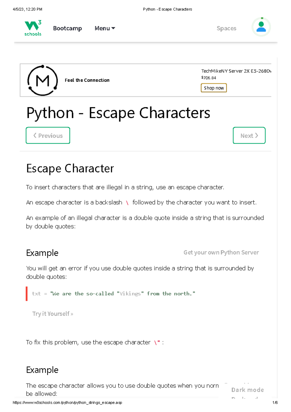 Python - Escape Characters - 4/5/23, 12:20 PM Python - Escape ...