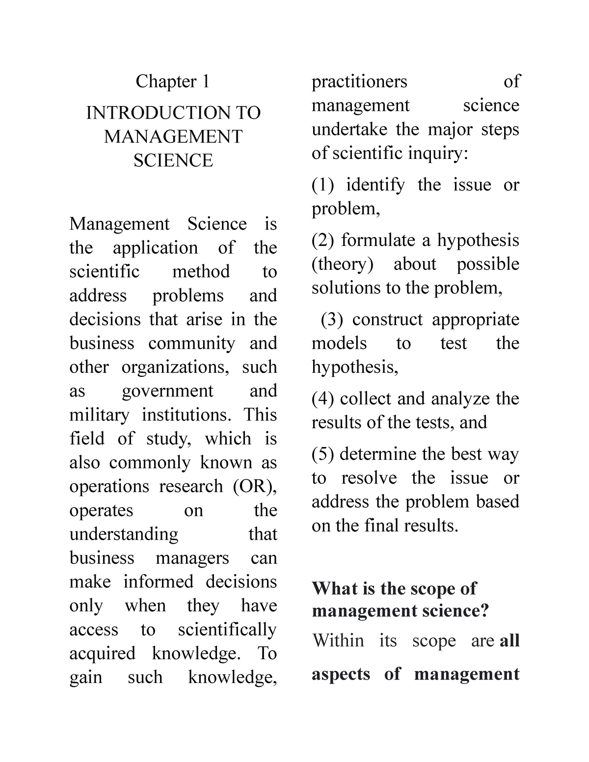 Chapter 1 Introduction to Management Science Lecture Notes