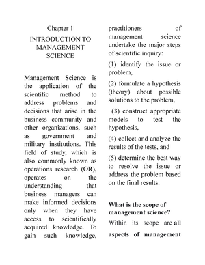 Chapter 1 Introduction to Management Science Lecture Notes