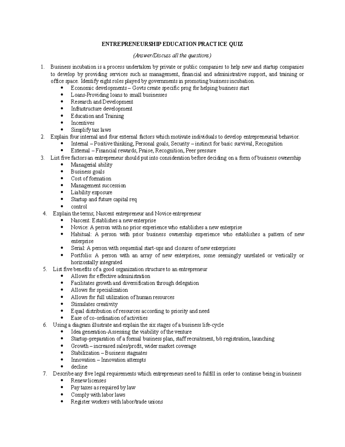 Entrepreneurship Education Practice QUIZ ans - ENTREPRENEURSHIP ...