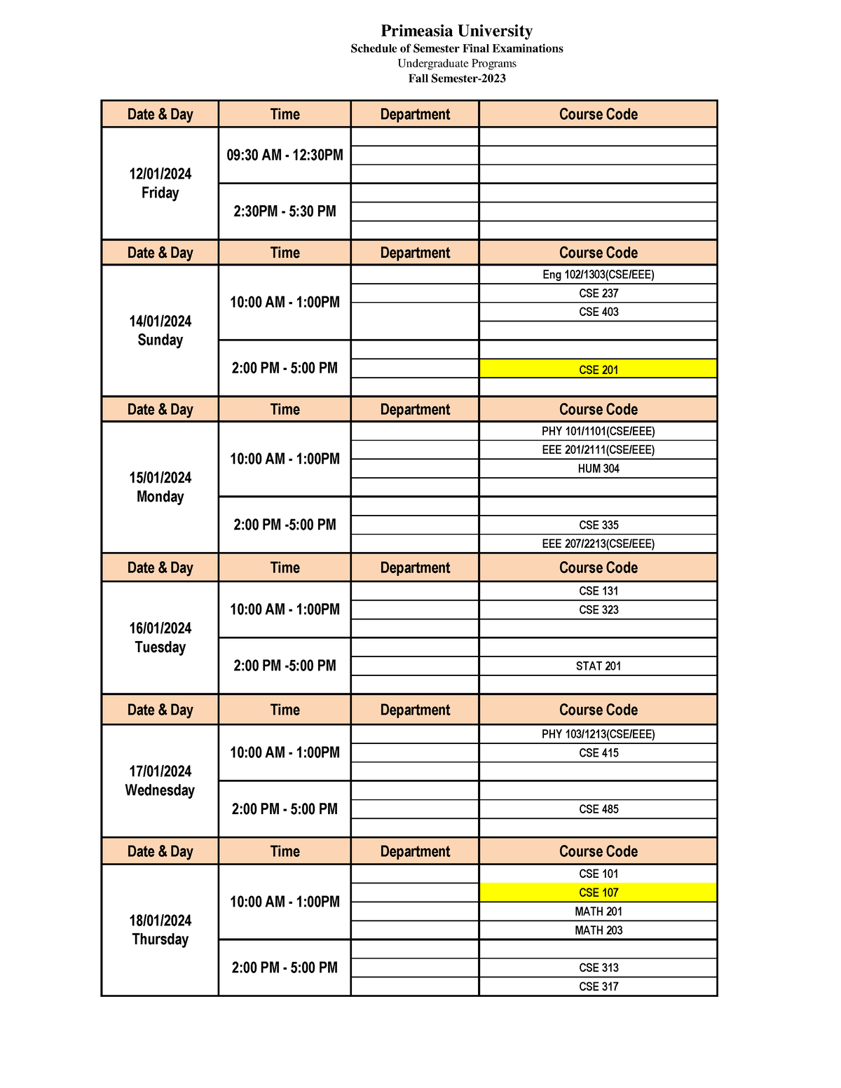 (Final Update) Final Exam Schedule Fall2023 Primeasia University