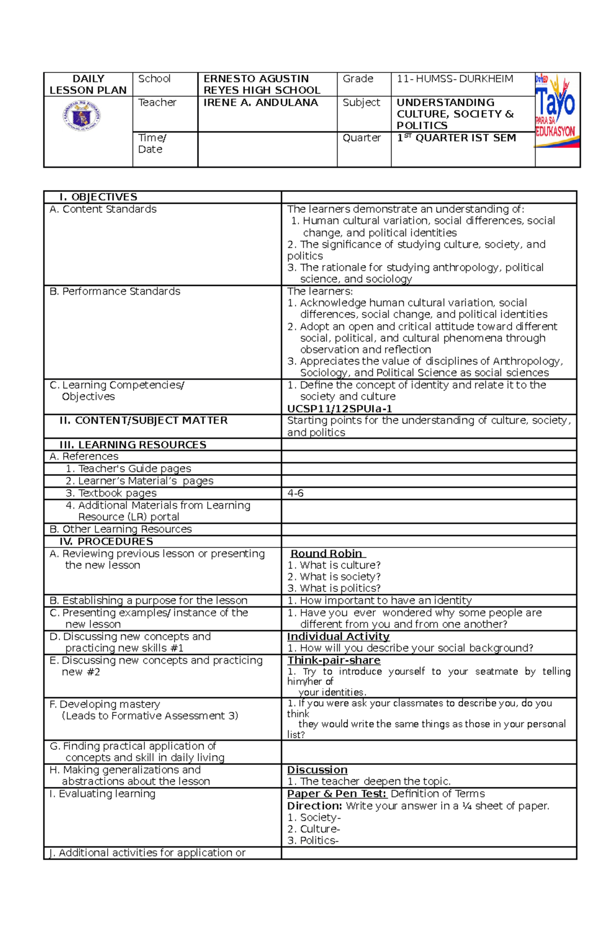 LC1 - understanding culture, society, and politics - DAILY LESSON PLAN ...