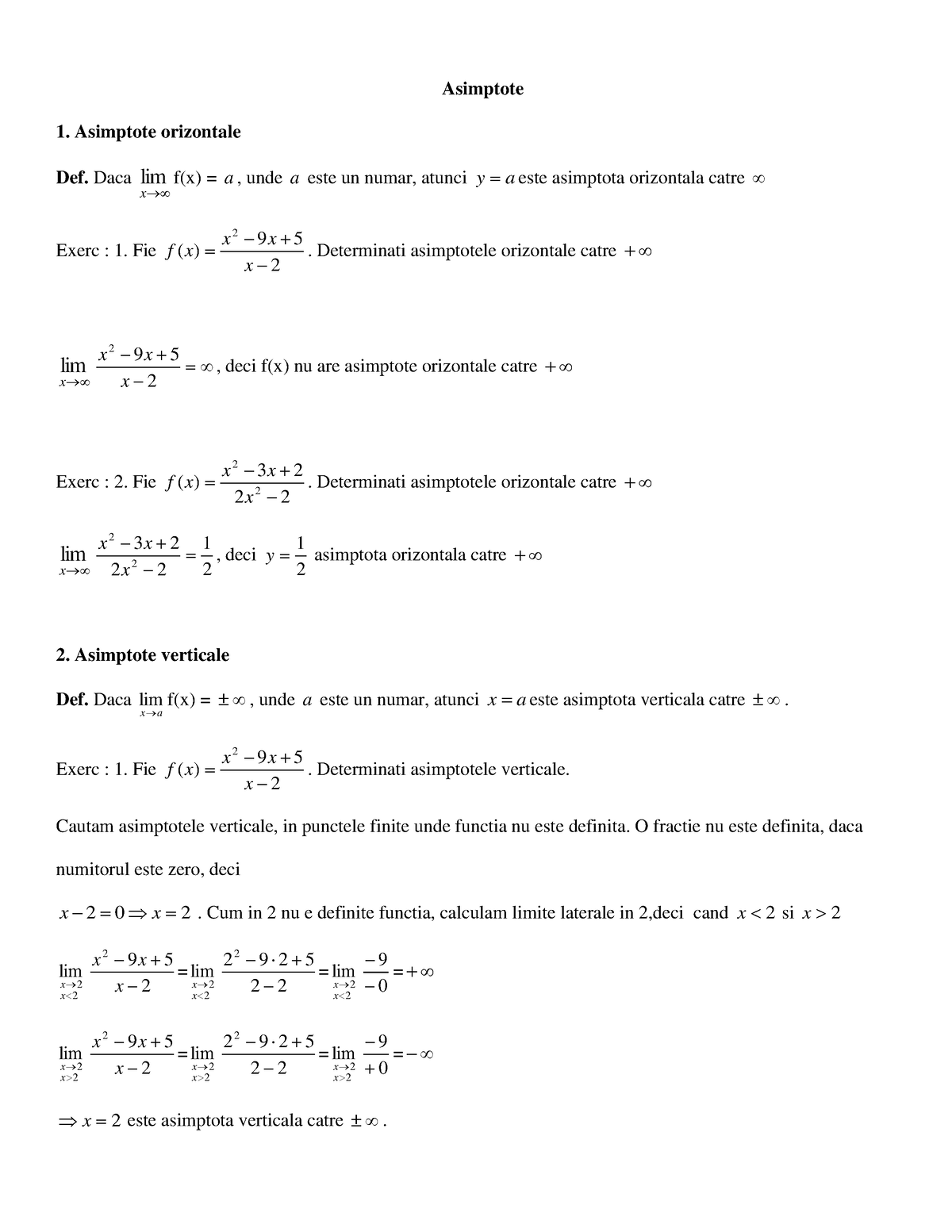 Asimptote - ... - Asimptote Asimptote orizontale Def. Daca x lim f(x ...