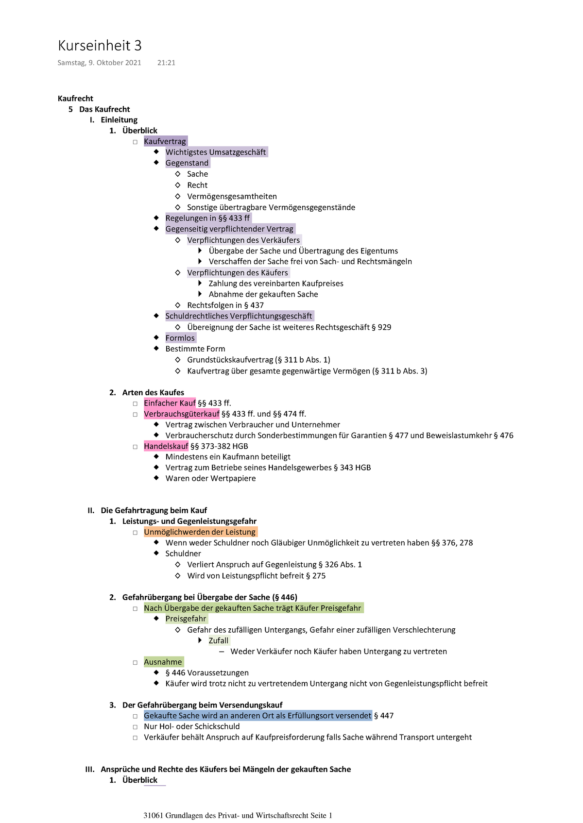 Zusammenfassung Kurseinheit 3 Recht - Kaufrecht Das Kaufrecht ...