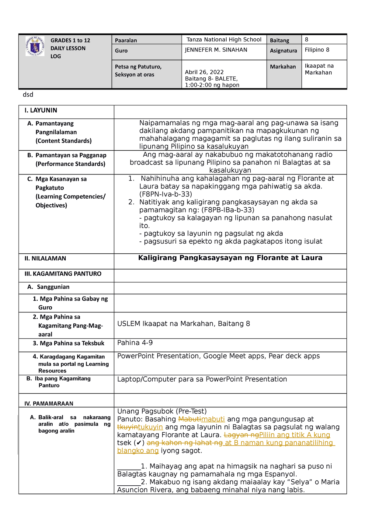 Dlp For Cot 1 Grade 8 Sample Class Observation Lesson Plan Grades 1 To 12 Daily Lesson Log