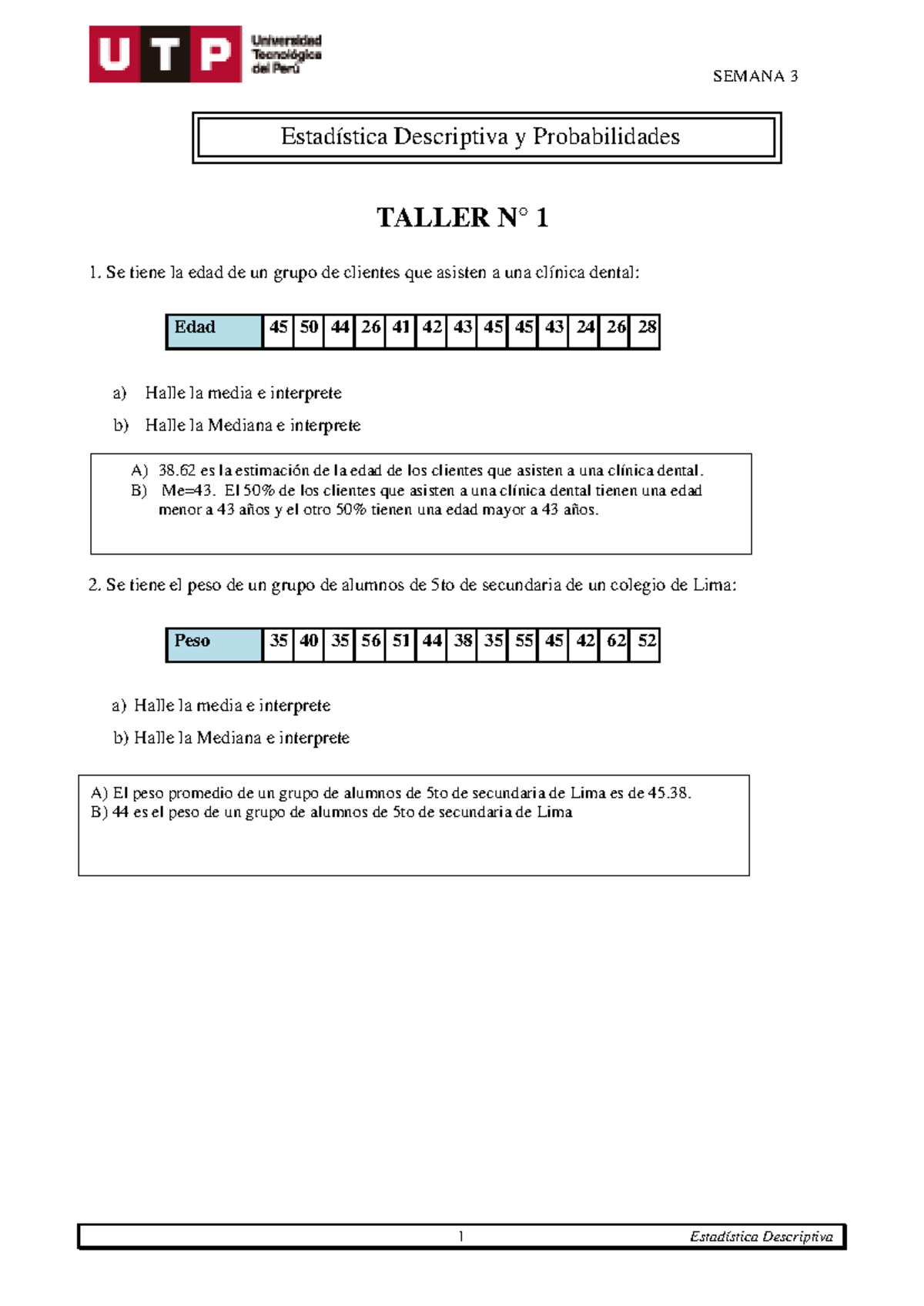 S03.s1 - Taller Nº 1 - SEMANA 3 1 Estadística Descriptiva TALLER N° 1 ...