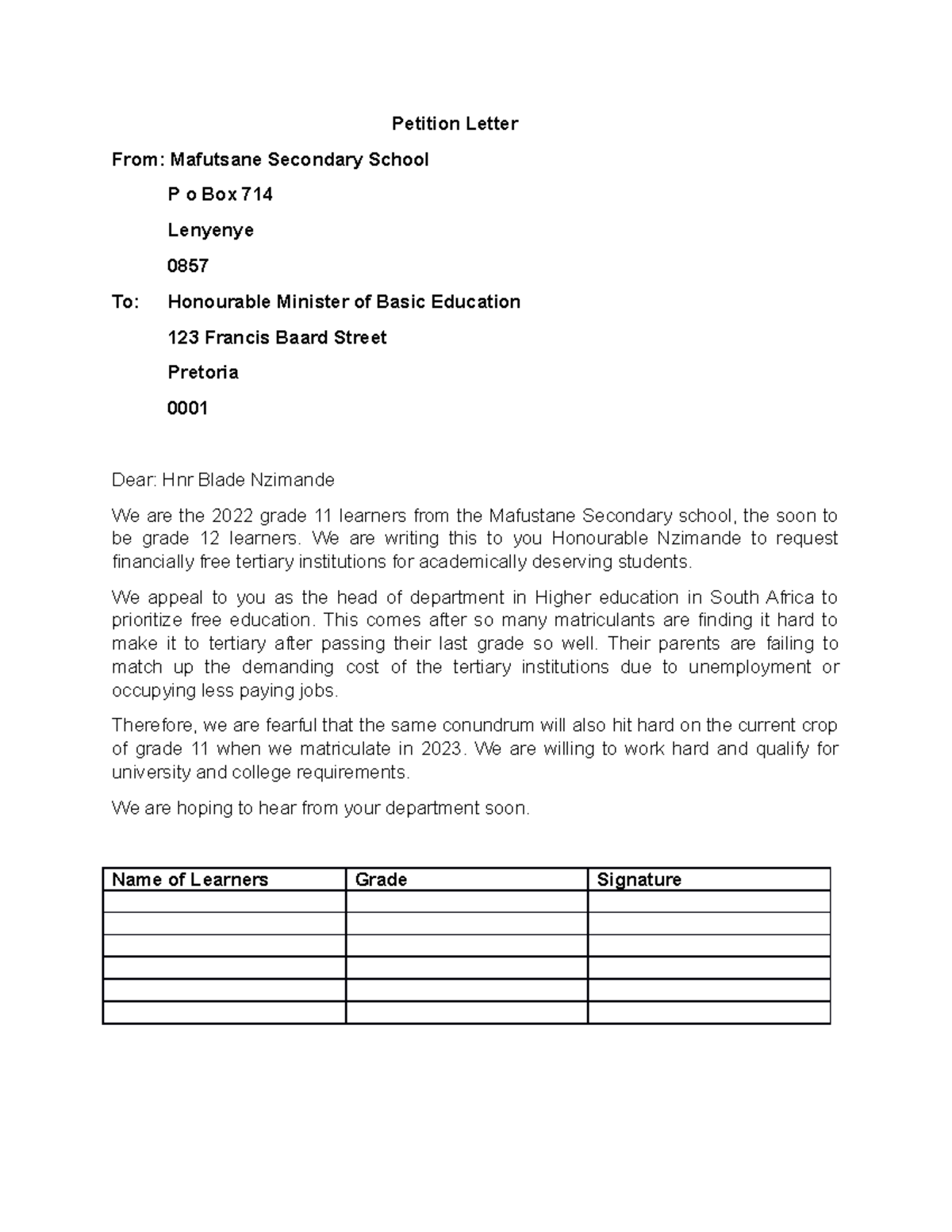 Petition Letter - Petition Letter From: Mafutsane Secondary School P o ...