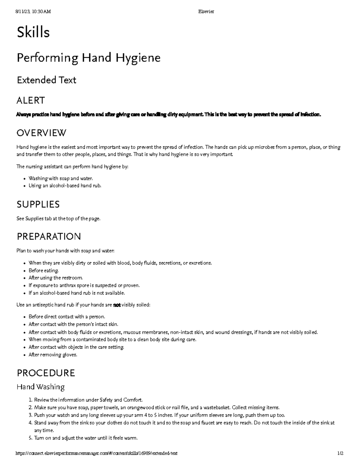 Hand Hygiene Skill hand wash 8/11/23, 1030 AM Elsevier Studocu