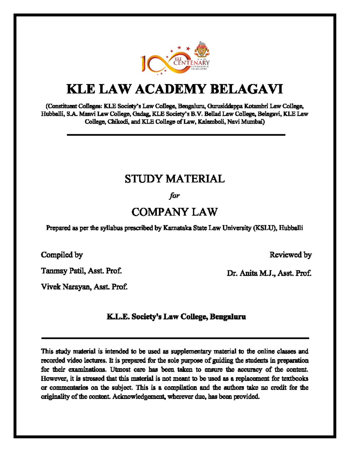 Company Law - Lecture Notes 1 - KLE LAW ACADEMY BELAGAVI (Constituent ...