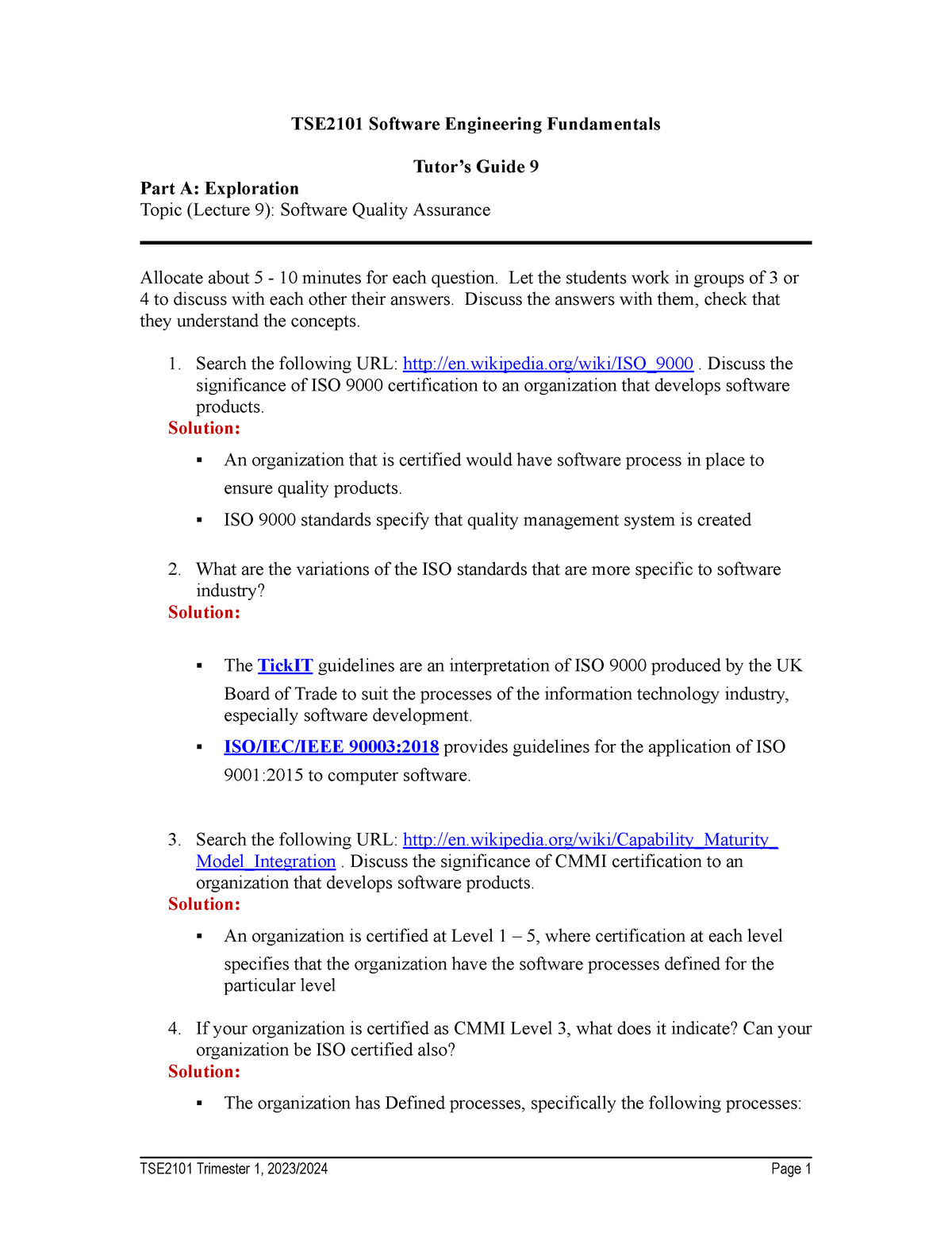 Tut Guide 09 - Tutorial 9 Solution Verified By Lecturer. - TSE2101 ...