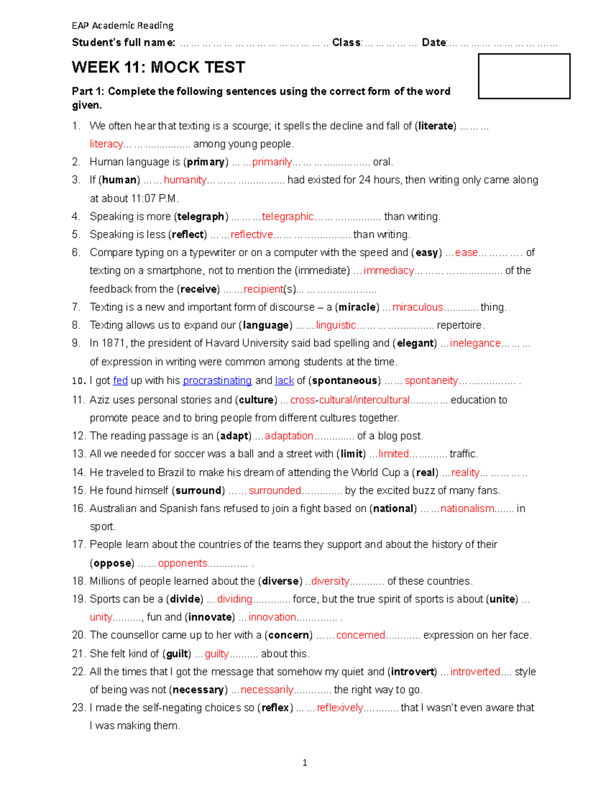 EAP Reading worksheet week 11 - Mock test Key - Student’s full name ...