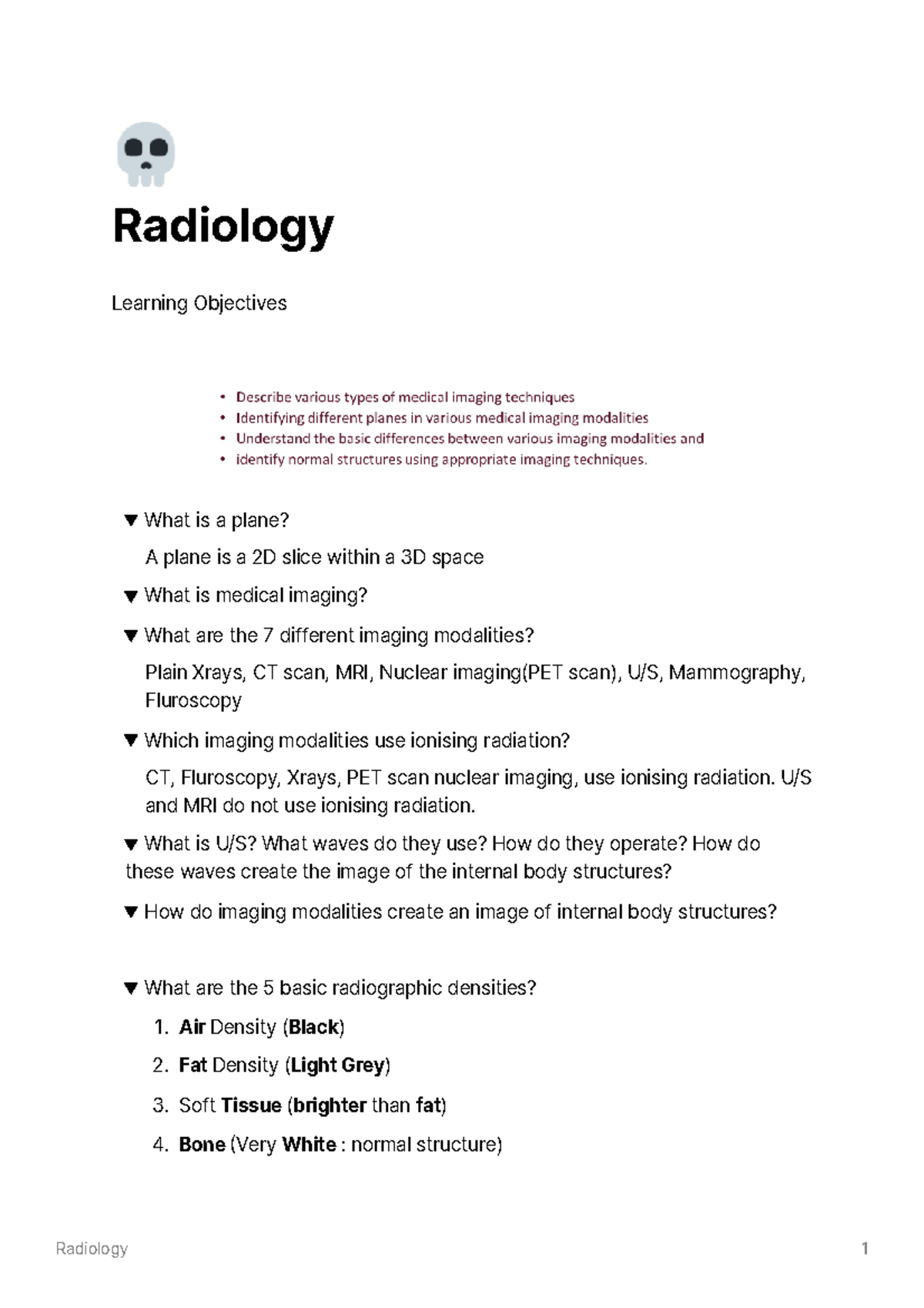 Radiology Notes - 💀 Radiology Learning Objectives What is a plane? A ...