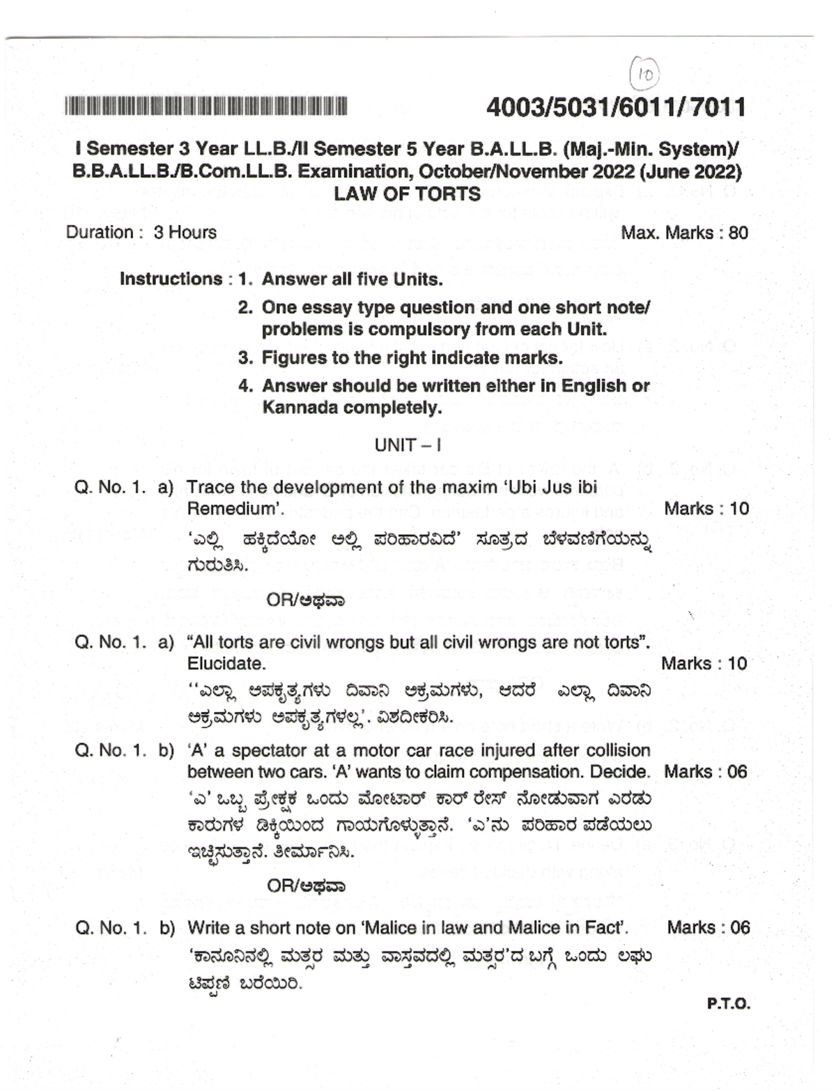 Tort Oct 2022 80marks - Imp Questions - 10 I Semester 3 Year Semester 5 ...