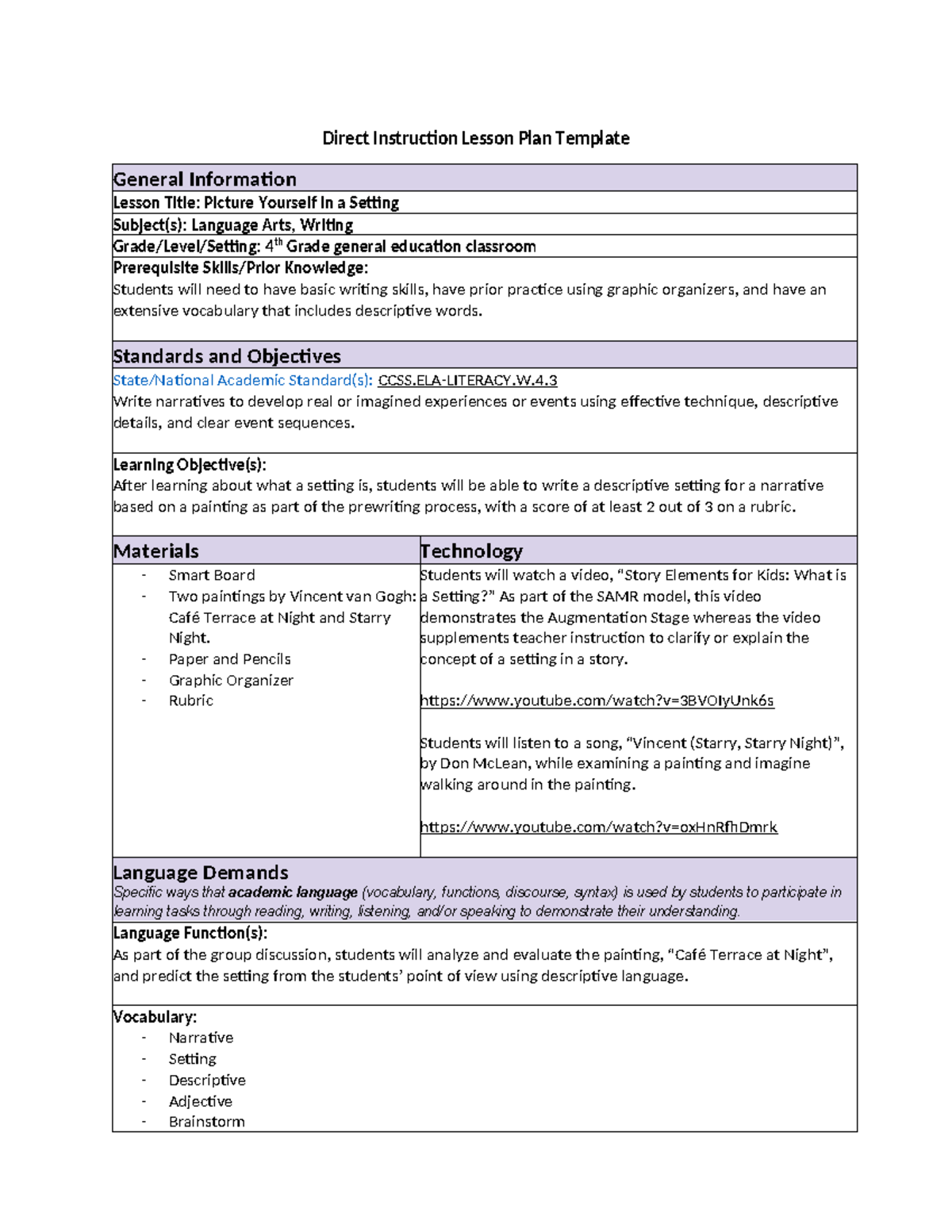 Direct Instruction Lesson Plan for Writing - Direct Instruction Lesson ...