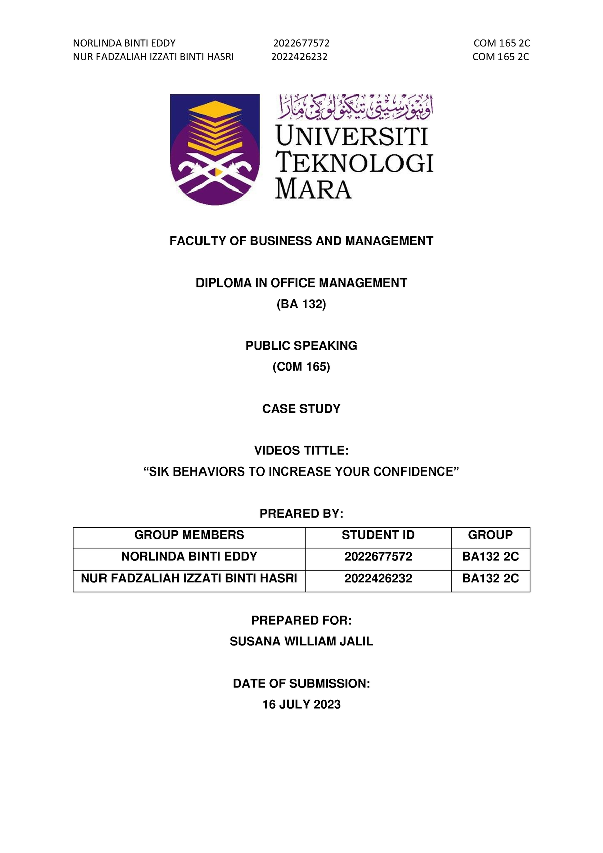 CASE Study COM165 - thankyou - Office Management and Technology - UiTM ...