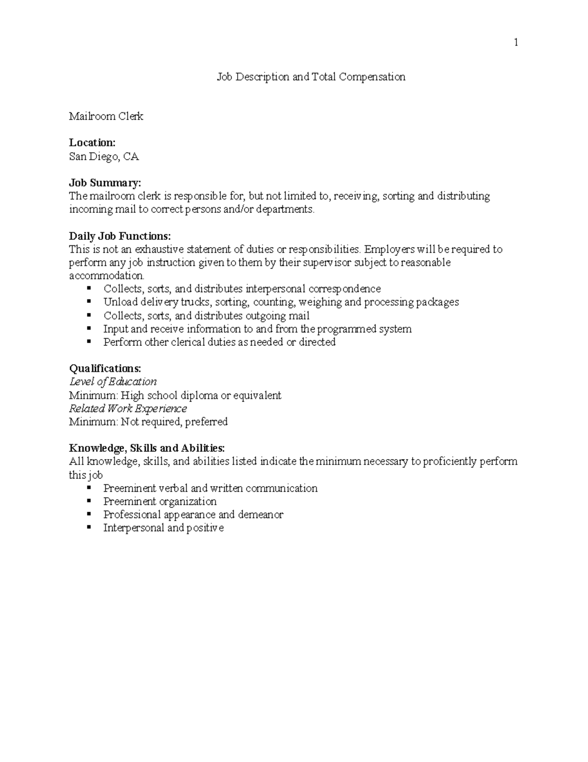 Week+5+Amanda+Headley Job Description and Total Compensation Mailroom