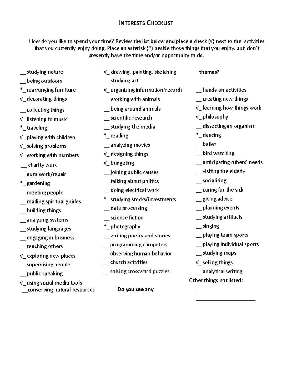 Interests Checklist - INTERESTS CHECKLIST How do you like to spend your ...
