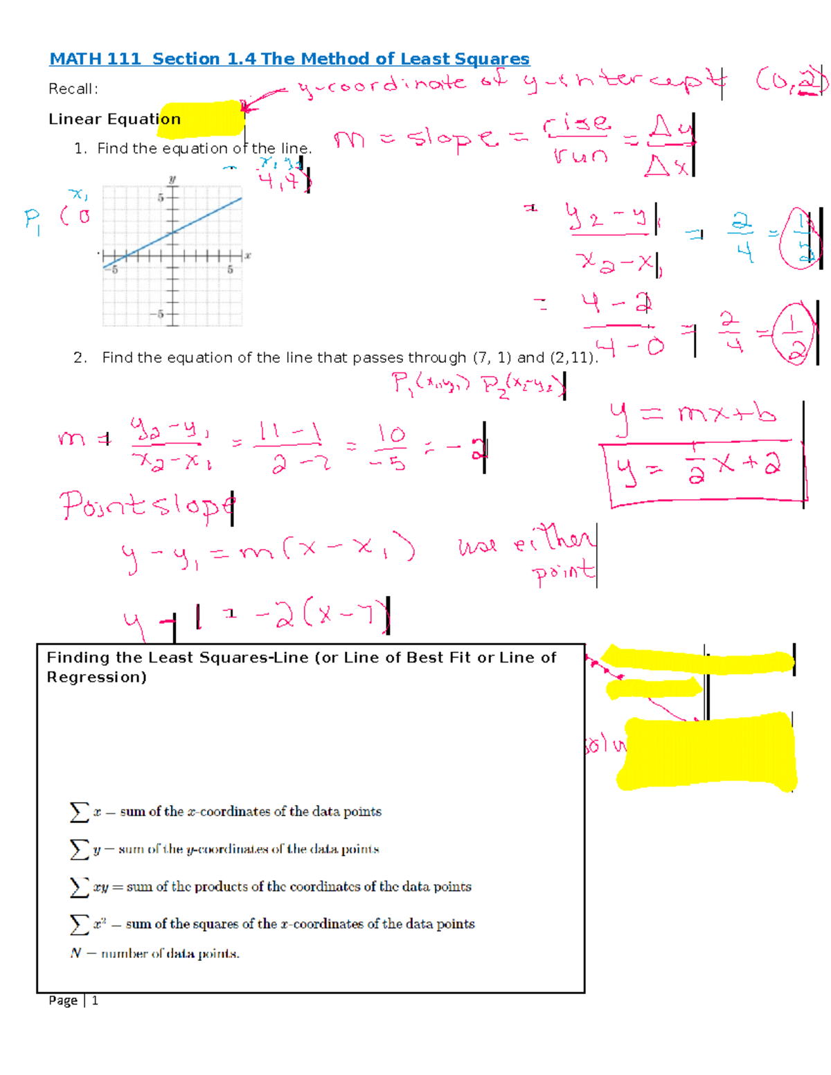 Section 1.4 The Method of Least Squares - MATH 111 Section 1 The Method ...