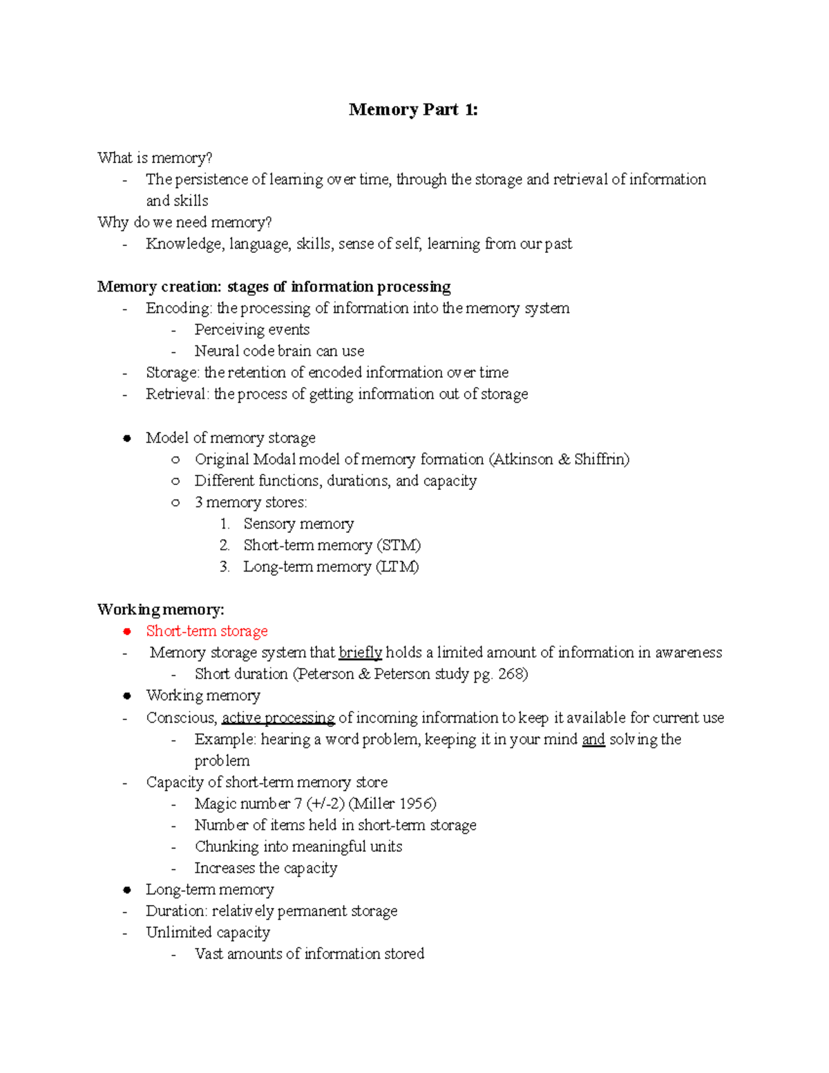 Psyc 101 Notes Memory Part 1 Memory Part 1 What Is Memory The Psyc 101 Notes Memory Part 1 Memory Part 1 What Is Memory The
