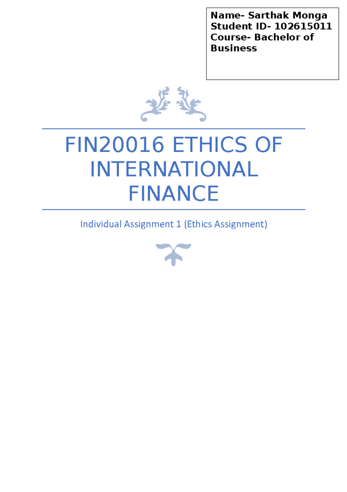 Assignment 1 Finance Fin20016 Ethics Of International Finance Individual Assignment 1 Ethics 3807