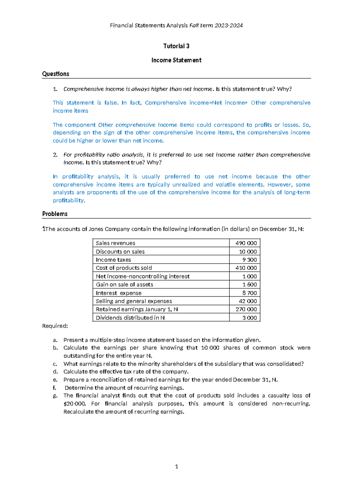 FSA-Tutorial 3-fall 2023 with solutions - Tutorial 3 Income Statement ...