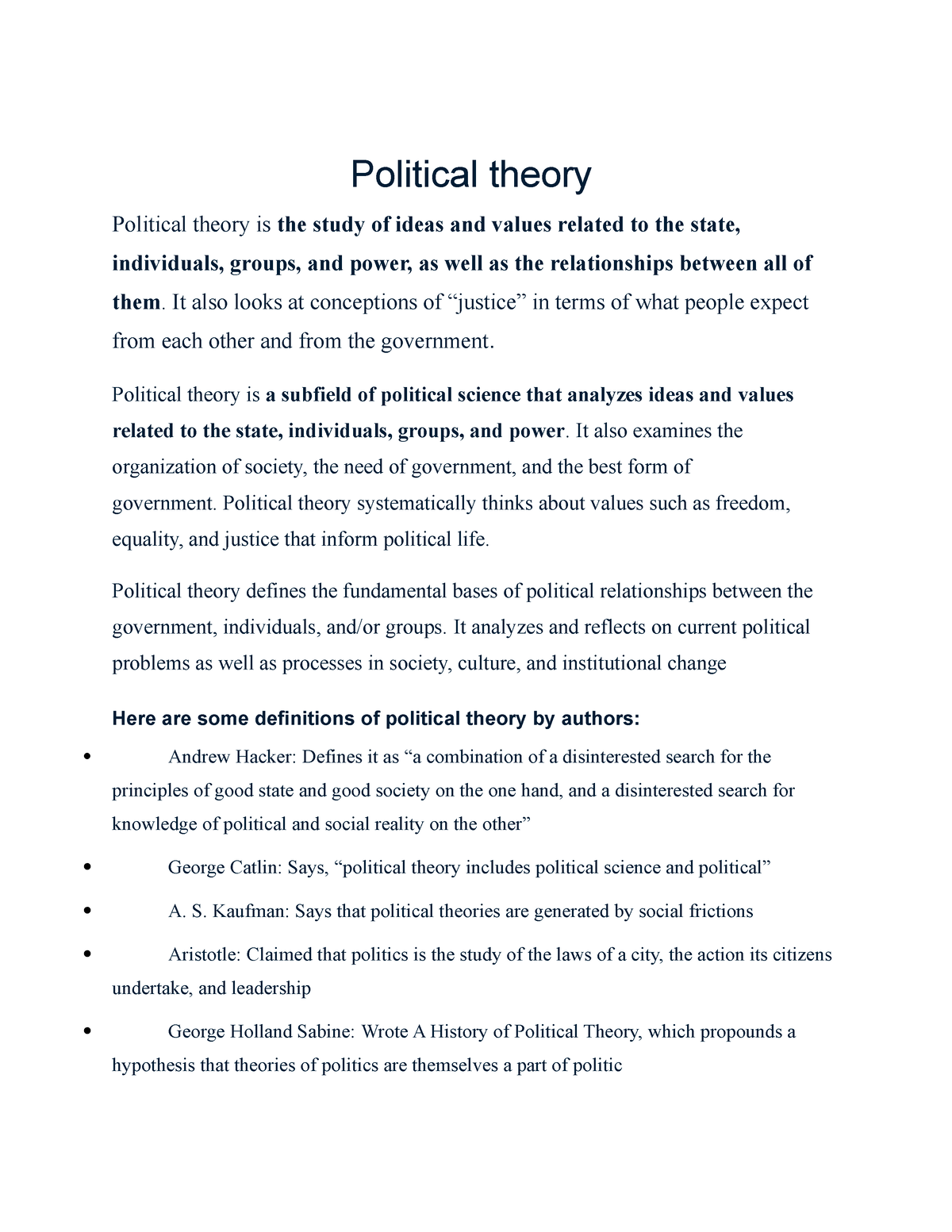 Political theory - very good - Political theory Political theory is the ...