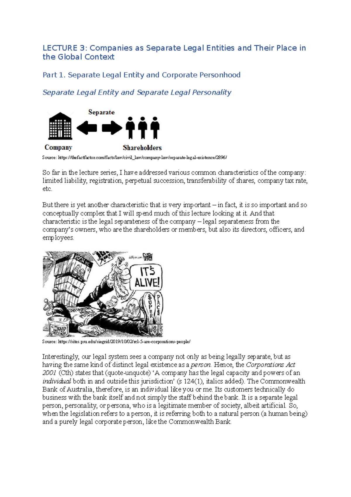 Companies as seperate legal entities LECTURE 3 Companies as Separate