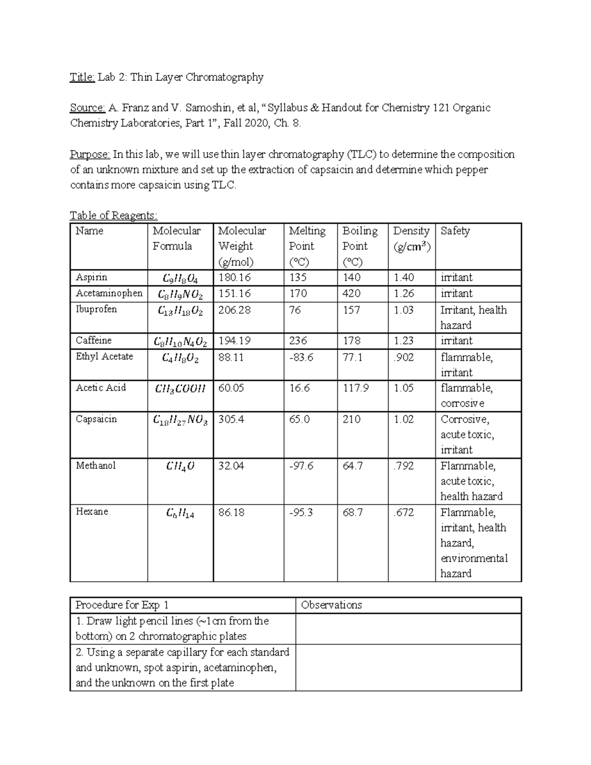 Lab 2 Pre-lab - Title: Lab 2 : Thin Layer Chromatography Source: A ...