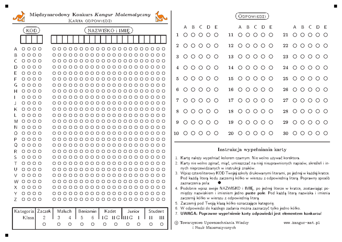 Hier Und Da 1 Odpowiedzi Do ćwiczeń Karta Odpowiedzi Kangur - Międzynarodowy Konkurs Kangur Matematyczny