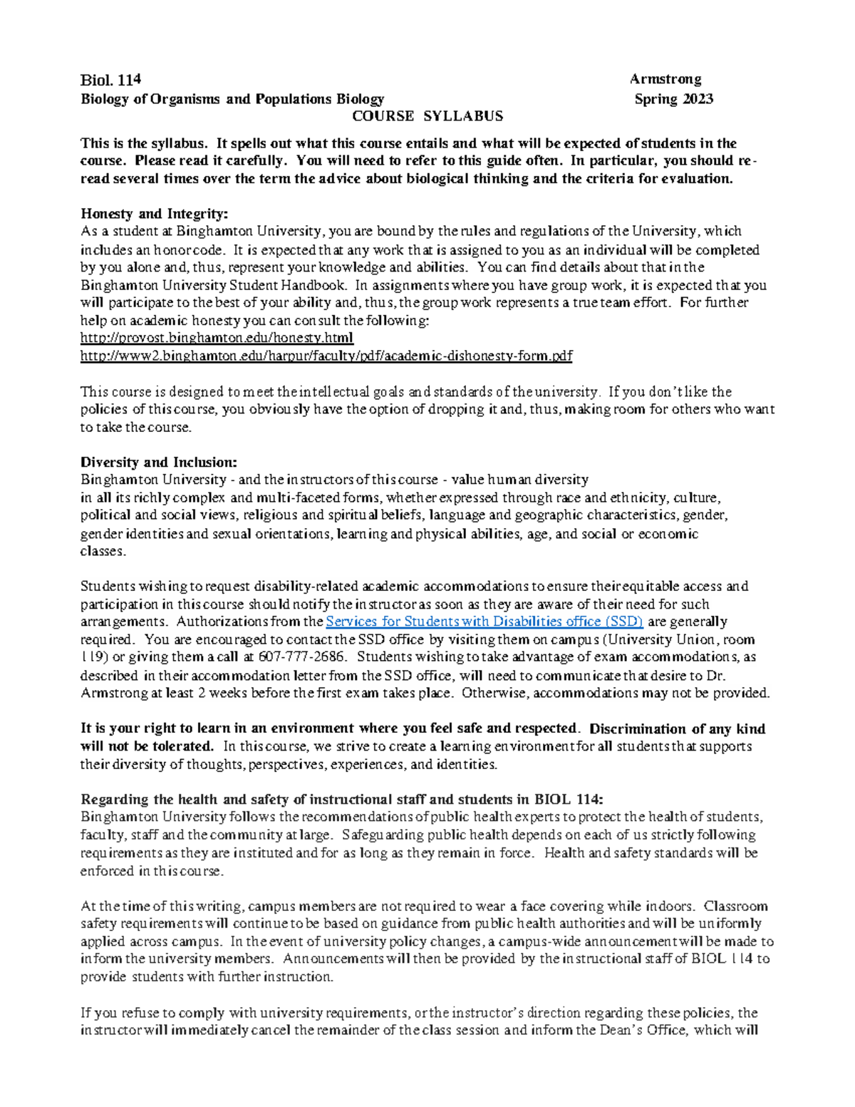 BIOL 114 Spring 2023 Syllabus - Biol. 11 4 Armstrong Biology of ...